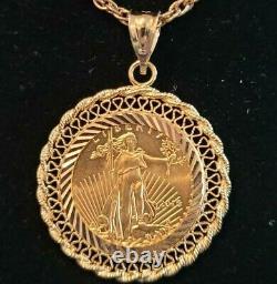 14k Solid Gold Fancy Frame set US $ 5 1/10 oz 22k Gold Coin as Pendant / Charm