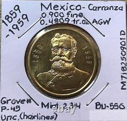 1859-1959 Mexico Carranza Gold Commemorative Medal Grove #P-45 Unc. Hairlines