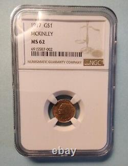 1917 GOLD US McKINLEY $1 DOLLAR COMMEMORATIVE COIN NGC MINT STATE MS 62