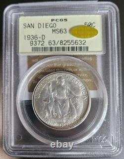 1936-D San Diego Commemorative Half Dollar 50C PCGS MS 63 OGH Gold CAC Unc BU