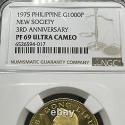 1975 Gold Philippine 1000 Piso New Society Anniversary Ngc Proof Pf 69 Uc Rare