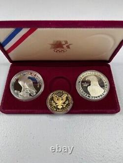 1983 / 1984 US Mint 3 Coin Olympic Silver $10 Gold Commem Proof Set withCOAs & OGP