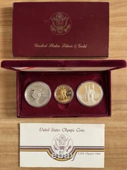 1983 1984 US Mint Olympic 3 Coin Proof Set! $10 Gold & Two Silver Dollars