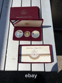 1983 1984 US Mint Olympic 3 Coin Proof Set $10 Gold & Two Silver Dollars COA