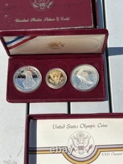 1983 1984 US Mint Olympic 3 Coin Proof Set $10 Gold & Two Silver Dollars COA