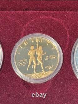1983 1984 US Mint Olympic 3 Coin Proof Set $10 Gold & Two Silver Dollars COA