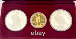 1983 1984 US Mint Olympic 3 Coin Proof Set $10 Gold & Two Silver Dollars NO COA