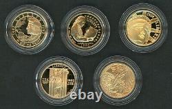 1986-1993 Lot Of 5 Different Commemorative $5 Gold Coins Unc Proff Ak 10/3 A