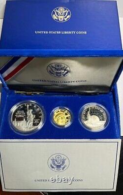1986 Statue of Liberty 3 Coin 1/4 Ounce Gold & 1 Silver Uncirculated Set + Boxes