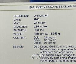 1986-W Proof $5.00 Dollar Liberty Gold Coin