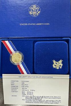 1986-W Proof $5.00 Dollar Liberty Gold Coin With Box & Coa