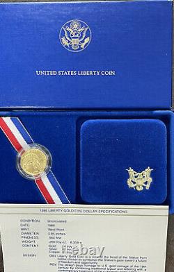 1986-W Proof $5.00 Dollar Liberty Gold Coin With Box & Coa