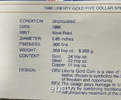 1986-W Proof $5.00 Dollar Liberty Gold Coin With Box & Coa