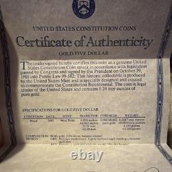 1987 GOLD U. S Mint $5 Dollars Proof US Constitution We The People Full Set COA