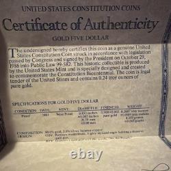 1987 GOLD U. S Mint $5 Dollars Proof US Constitution We The People Full Set COA