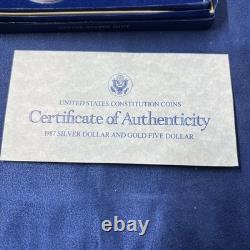 1987 USA Constitution 2 Coin Set Silver $1+ $5 Five Gold PROOF + COA- LOT P-1