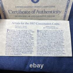 1987 USA Constitution 2 Coin Set Silver $1+ $5 Five Gold PROOF + COA- LOT P-1