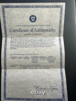 1987 US Constitution Gold Coin Proof $5 Gold With Box & COA West Point 90% AU