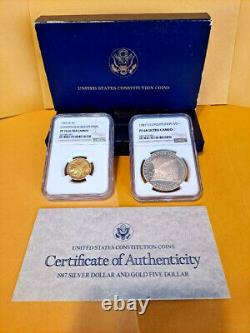 1987 US Mint Constitution 2 Coin Set $5 Gold & Silver Dollar withBox Graded NGC