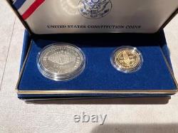 1987 US Mint Constitution Coins Proof Set Silver Dollar & Gold Five Dollar W COA