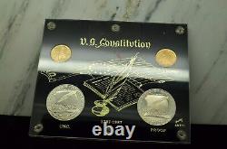 1987 U. S. Constitution 4 Coin Display with Two $5 Gold & Two $1 Silver Proof & Unc