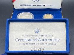 1987 U. S MINT CONSTITUTION LIBERTY $5 GOLD COIN $1 SILVER DOLLAR SET withBOX PROOF