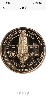 1987 W U. S. Constitution Bicentennial Commemorative $5 0.24oz gold unc, proof