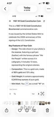 1987 W U. S. Constitution Bicentennial Commemorative $5 0.24oz gold unc, proof