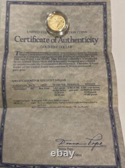 1987-W U. S. Gold Five Dollar Constitution Coin With Display & COA