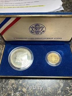 1987 us constitution commemorative 2 coin set Gold $5 Liberty /Silver Proof