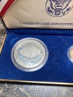 1987 us constitution commemorative 2 coin set Gold $5 Liberty /Silver Proof