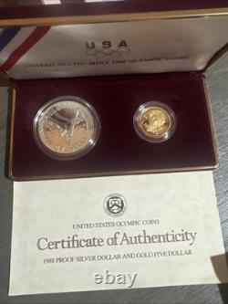 1988 OLYMPIC COIN U. S. Mint PROOF SET $5 GOLD, $1 SILVER withBox & COA