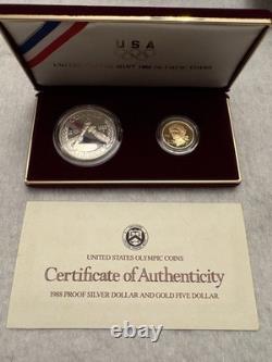1988 Olympic 2-Coin Proof Set $5 Gold & Silver $1 Dollar! US Mint Box & COA