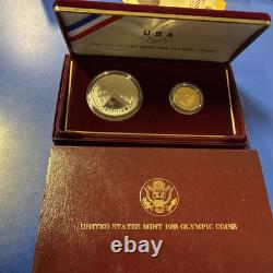1988 Olympic 2-Coin Proof Set $5 Gold & Silver $1 Dollar, US Mint Box OGP & COA