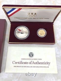 1988 US Mint $1 Silver $5 Gold Olympic Proof 2 Coin Commemorative Set with Box COA