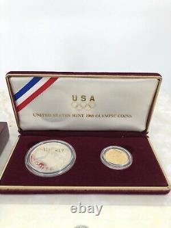 1988 US Mint $1 Silver $5 Gold Olympic Proof 2 Coin Commemorative Set with Box COA