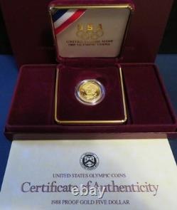 1988 W $5.00 GOLD OLYMPIC LIBERTY PROOF. 24183oz AGW As issued by the US Mint