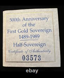 1989 500th Anniversary Gold Proof Half Sovereign. Tudor Rose. COA #03573