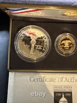 1989 Commemorative US Congressional 3 Coin Proof Set $5 Gold $1 Silver 50 Cent
