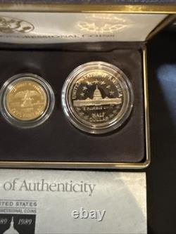 1989 Commemorative US Congressional 3 Coin Proof Set $5 Gold $1 Silver 50 Cent