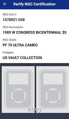 1989-W $5 Gold, Congress Bicentennial PF70, UCAM, Comm. NGC-Free Ship, COA, OGP