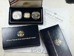 1991 1995 World War II 3 Coin BU Set $5 Gold $1 Silver Dollar NO COA