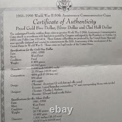 1991-1995 World War II 50th Anniversary Gold & Silver 3 Coin Proof Set