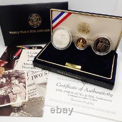 1991-1995 World War II 50th Anniversary Gold & Silver 3 Coin Proof Set OGP COA