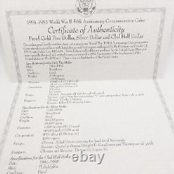 1991-1995 World War II 50th Anniversary Gold & Silver 3 Coin Proof Set OGP COA