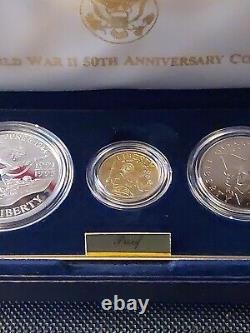 1991-95 World War II 50th Ann. Gold $5 Silver $1 50 Cent 3 Coin Proof Set in OGP