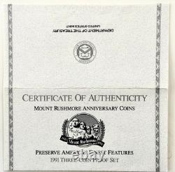 1991 Mount Rushmore Anniv. Gold /Silver /Clad 3 Coin PROOF Set with OGP & COA