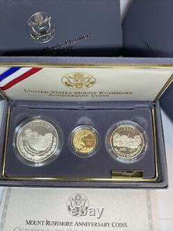 1991 Mount Rushmore Anniversary 3 Coin Proof Set Gold & Silver with COA Complete