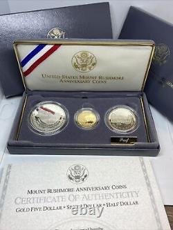 1991 Mount Rushmore Anniversary 3 Coin Proof Set Gold & Silver with COA Complete