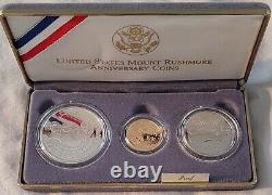 1991 US Mint Mount Rushmore Anniversary 3-Coin Proof Set 1/4 Gold Silver